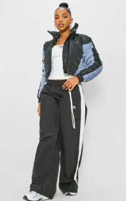 PRETTYLITTLETHING Black Chevron Cropped Puffer Coat