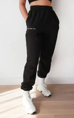 PRETTYLITTLETHING Black Embroidered Cuffed High Waist Sweatpants