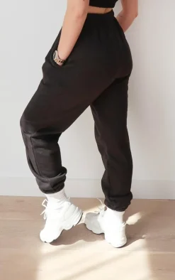 PRETTYLITTLETHING Black Embroidered Cuffed High Waist Sweatpants