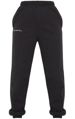 PRETTYLITTLETHING Black Embroidered Cuffed High Waist Sweatpants