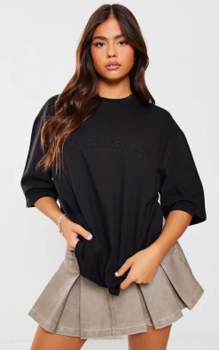 PRETTYLITTLETHING Black Embossed Oversized T Shirt