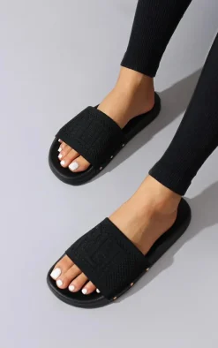 PRETTYLITTLETHING Black Knitted Slides