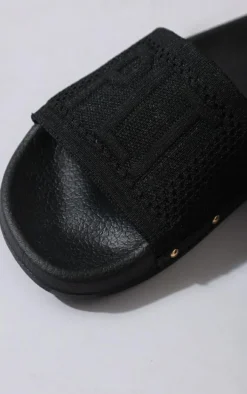 PRETTYLITTLETHING Black Knitted Slides