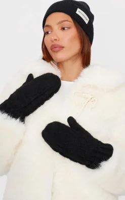 PRETTYLITTLETHING Black Logo Rib Beanie