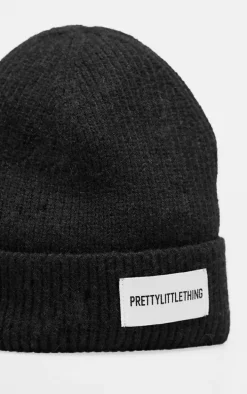 PRETTYLITTLETHING Black Logo Rib Beanie