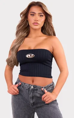 PRETTYLITTLETHING Black Metal Badge Snatched Rib Bandeau Top