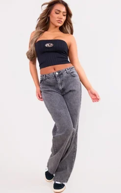 PRETTYLITTLETHING Black Metal Badge Snatched Rib Bandeau Top