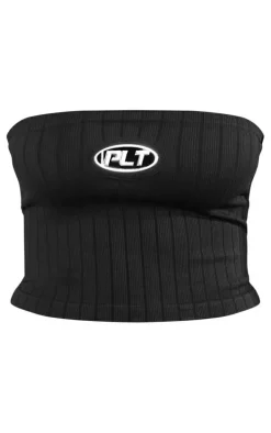 PRETTYLITTLETHING Black Metal Badge Snatched Rib Bandeau Top