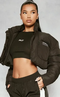 PRETTYLITTLETHING Black Pocket Front Cropped Puffer Jacket