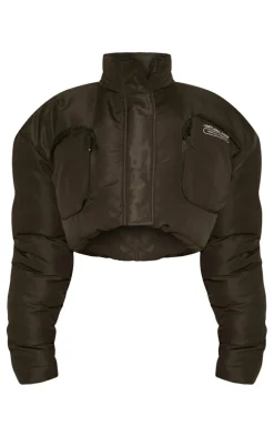 PRETTYLITTLETHING Black Pocket Front Cropped Puffer Jacket