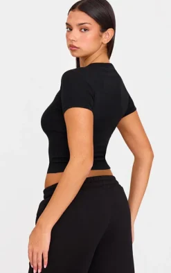 PRETTYLITTLETHING Black Ribbed Short Sleeve T Shirt