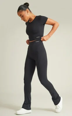 PRETTYLITTLETHING Black Sport Metal Badge Sculpt High Waist Flare Pants