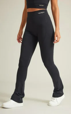 PRETTYLITTLETHING Black Sport Metal Badge Sculpt High Waist Flare Pants