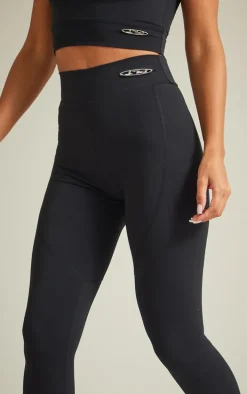 PRETTYLITTLETHING Black Sport Metal Badge Sculpt High Waist Flare Pants