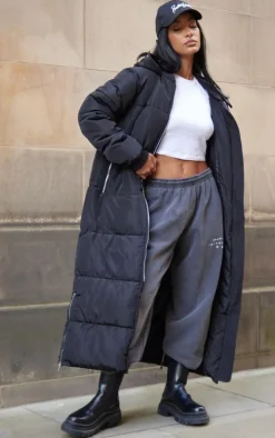 PRETTYLITTLETHING Black Text Front Maxi Puffer Coat