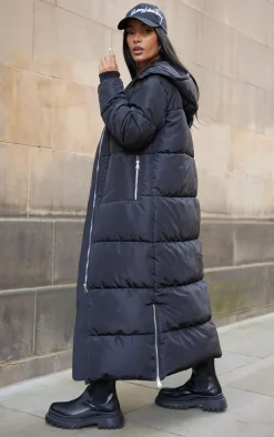 PRETTYLITTLETHING Black Text Front Maxi Puffer Coat