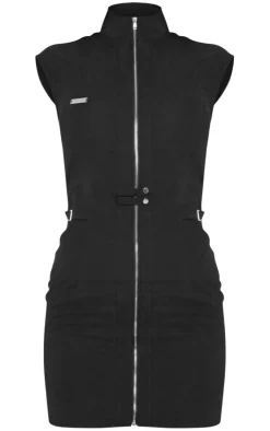PRETTYLITTLETHING Black Zip Up Buckle Bodycon Dress
