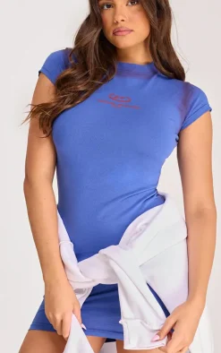 PRETTYLITTLETHING Blue Graphic Tie Dye Crew Neck Bodycon Dress