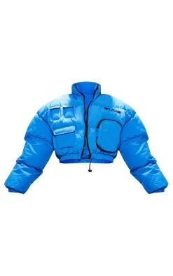 PRETTYLITTLETHING Blue Utility Pocket Detail Cropped Bomber