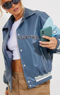 PRETTYLITTLETHING Blue Worldwide Graphic Faux Leather Bomber Jacket