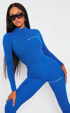 PRETTYLITTLETHING Bright Blue Rib Half Zip Bodysuit