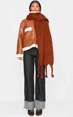 PRETTYLITTLETHING Brown Tab Fuzzy Blanket Scarf