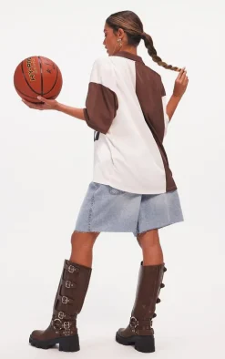 PRETTYLITTLETHING Brown Zip Up Short Sleeve Football Shirt