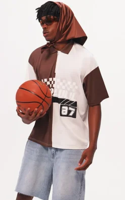 PRETTYLITTLETHING Brown Zip Up Short Sleeve Football Shirt