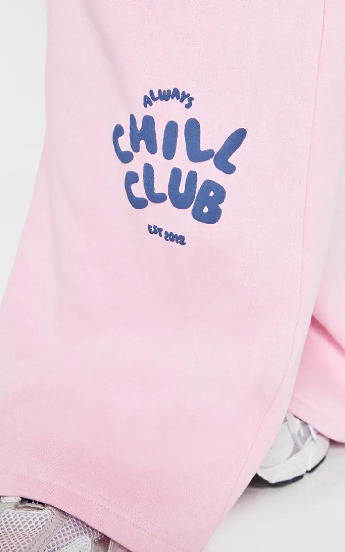 PRETTYLITTLETHING Bubblegum Pink Chill Club Print Thin Waistband Sweatpants