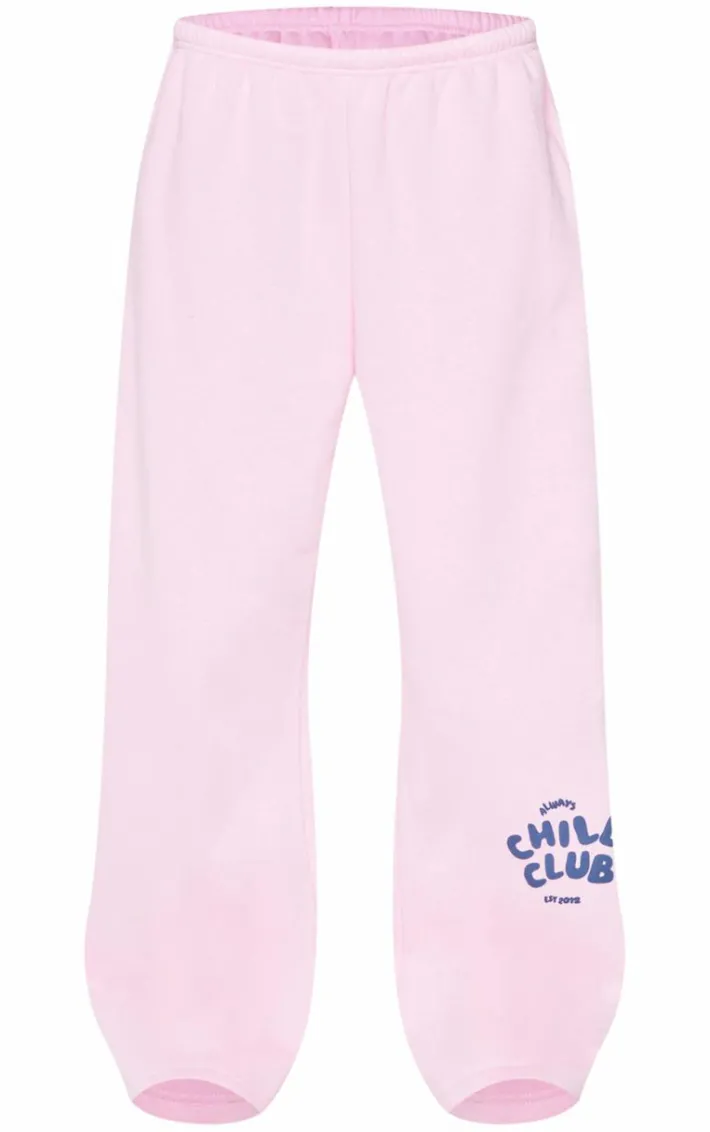 PRETTYLITTLETHING Bubblegum Pink Chill Club Print Thin Waistband Sweatpants