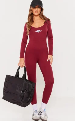 PRETTYLITTLETHING Burgundy Embroidered Scoop Neck Jumpsuit
