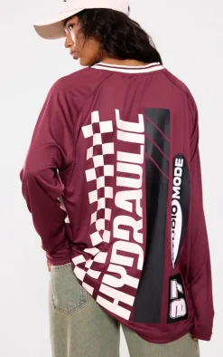 PRETTYLITTLETHING Burgundy Studio Mode Long Sleeve Football Shirt