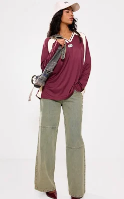 PRETTYLITTLETHING Burgundy Studio Mode Long Sleeve Football Shirt