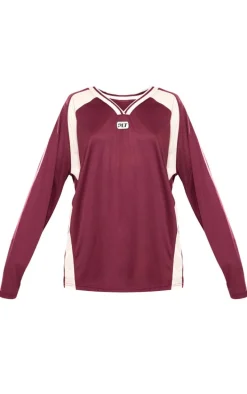 PRETTYLITTLETHING Burgundy Studio Mode Long Sleeve Football Shirt