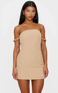 PRETTYLITTLETHING Camel Belt Strap Detail Bodycon Dress