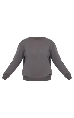 PRETTYLITTLETHING Charcoal Badge Detail Sport Sweatshirt