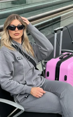 PRETTYLITTLETHING Charcoal Grey Logo Badge Detail Oversized Hoodie