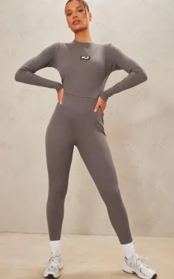 PRETTYLITTLETHING Charcoal Ribbed Long Sleeve Jumpsuit