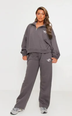 PRETTYLITTLETHING Charcoal Logo Embroidered Half Zip Sweatshirt