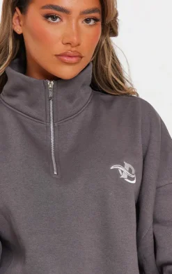 PRETTYLITTLETHING Charcoal Logo Embroidered Half Zip Sweatshirt