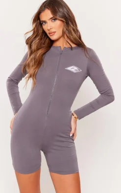 PRETTYLITTLETHING Charcoal Embroidered Zip Up Unitard