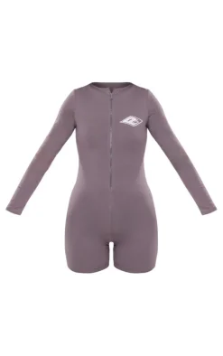 PRETTYLITTLETHING Charcoal Embroidered Zip Up Unitard