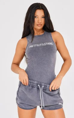 PRETTYLITTLETHING Charcoal Wash Racer Bodysuit