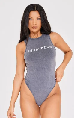 PRETTYLITTLETHING Charcoal Wash Racer Bodysuit