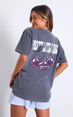 PRETTYLITTLETHING Charcoal Glossy Cherry Graphic Oversized T Shirt