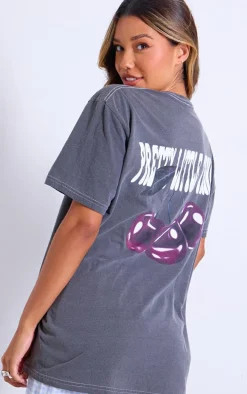 PRETTYLITTLETHING Charcoal Glossy Cherry Graphic Oversized T Shirt
