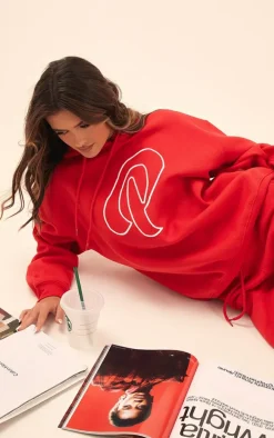 PRETTYLITTLETHING Cherry Red Logo Embroidered Oversized Hoodie