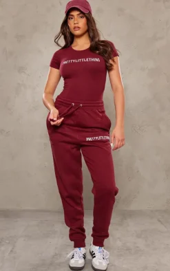 PRETTYLITTLETHING Cherry Red Logo High Waisted Cuffed Sweatpants