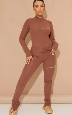 PRETTYLITTLETHING Chocolate Rib Half Zip Bodysuit