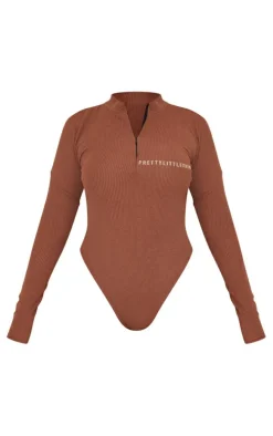 PRETTYLITTLETHING Chocolate Rib Half Zip Bodysuit